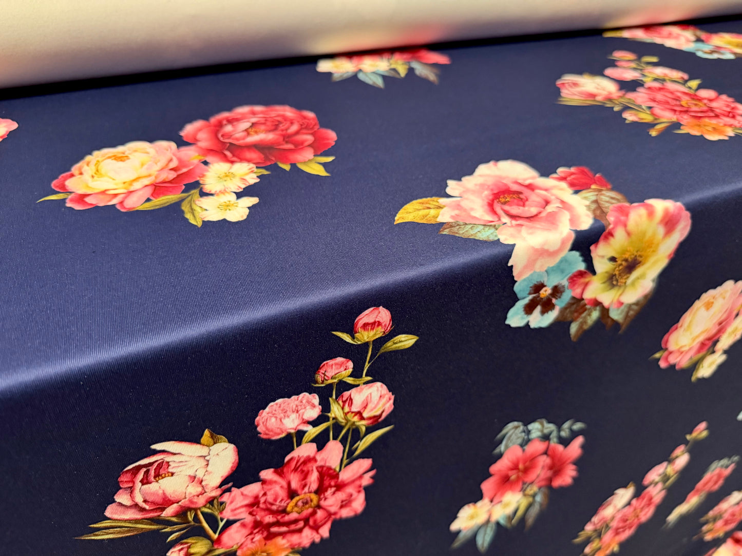 Scuba stretch spandex double jersey fabric, per metre - rose print - navy blue & pink
