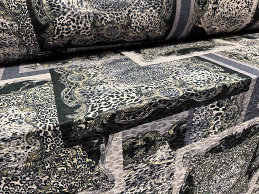 Stretch spandex jersey jacquard fabric, per metre - leopardskin & buckles print - dove grey