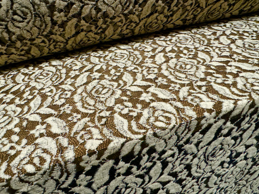 Soft stretch lace dress fabric, per metre - floral rose - black & cream