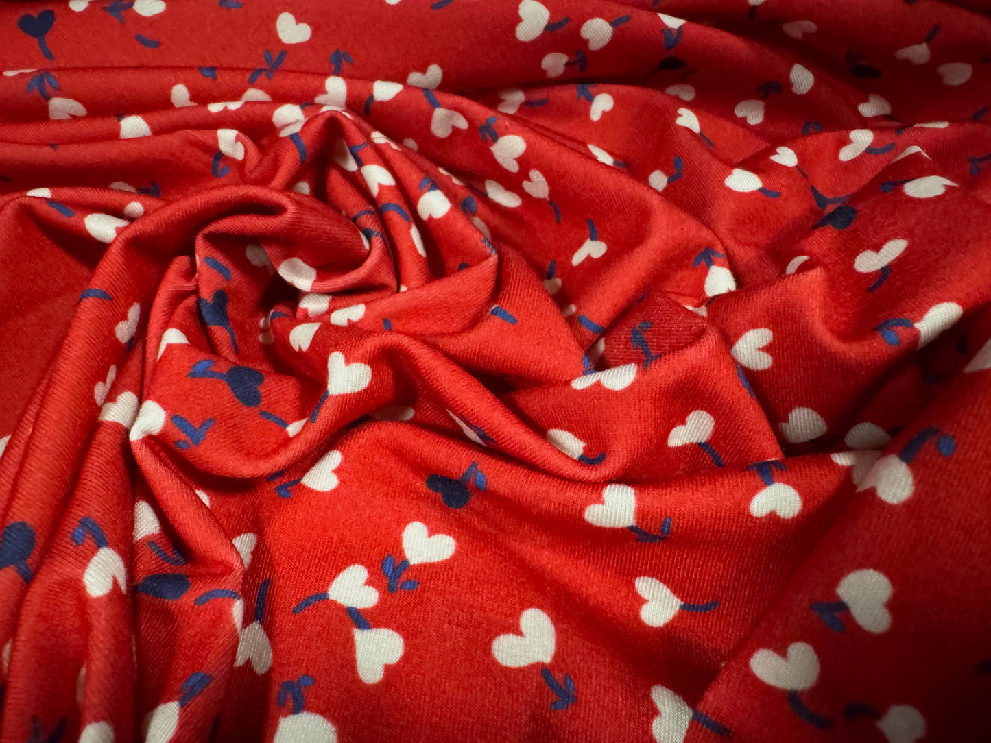 Stretch spandex interlock jersey fabric, per metre - love heart flowers print - red white & blue
