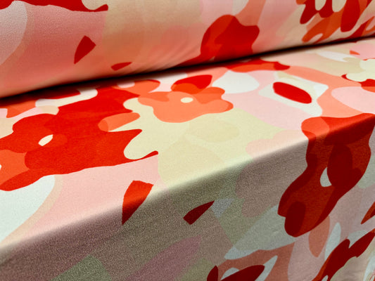 Scuba crepe stretch spandex double jersey fabric, per metre - stylised poppy print - red cream & pink