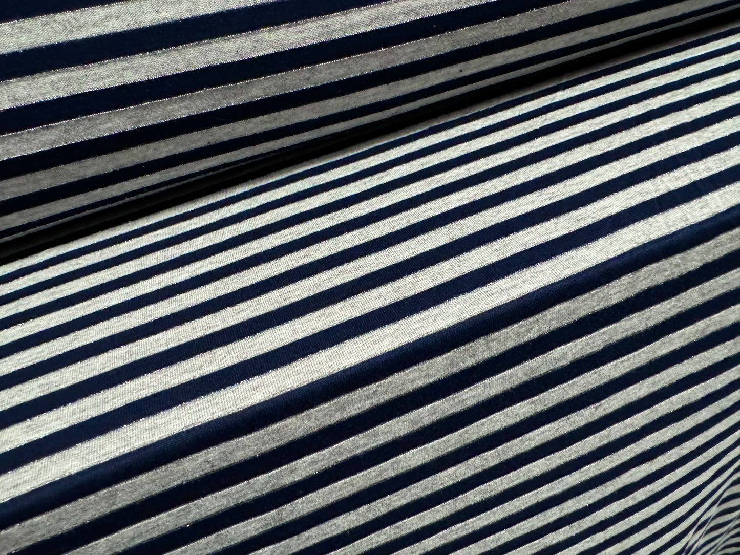 Metallic viscose spandex stretch single jersey fabric, per metre - stripe - grey marl & navy blue with silver lurex