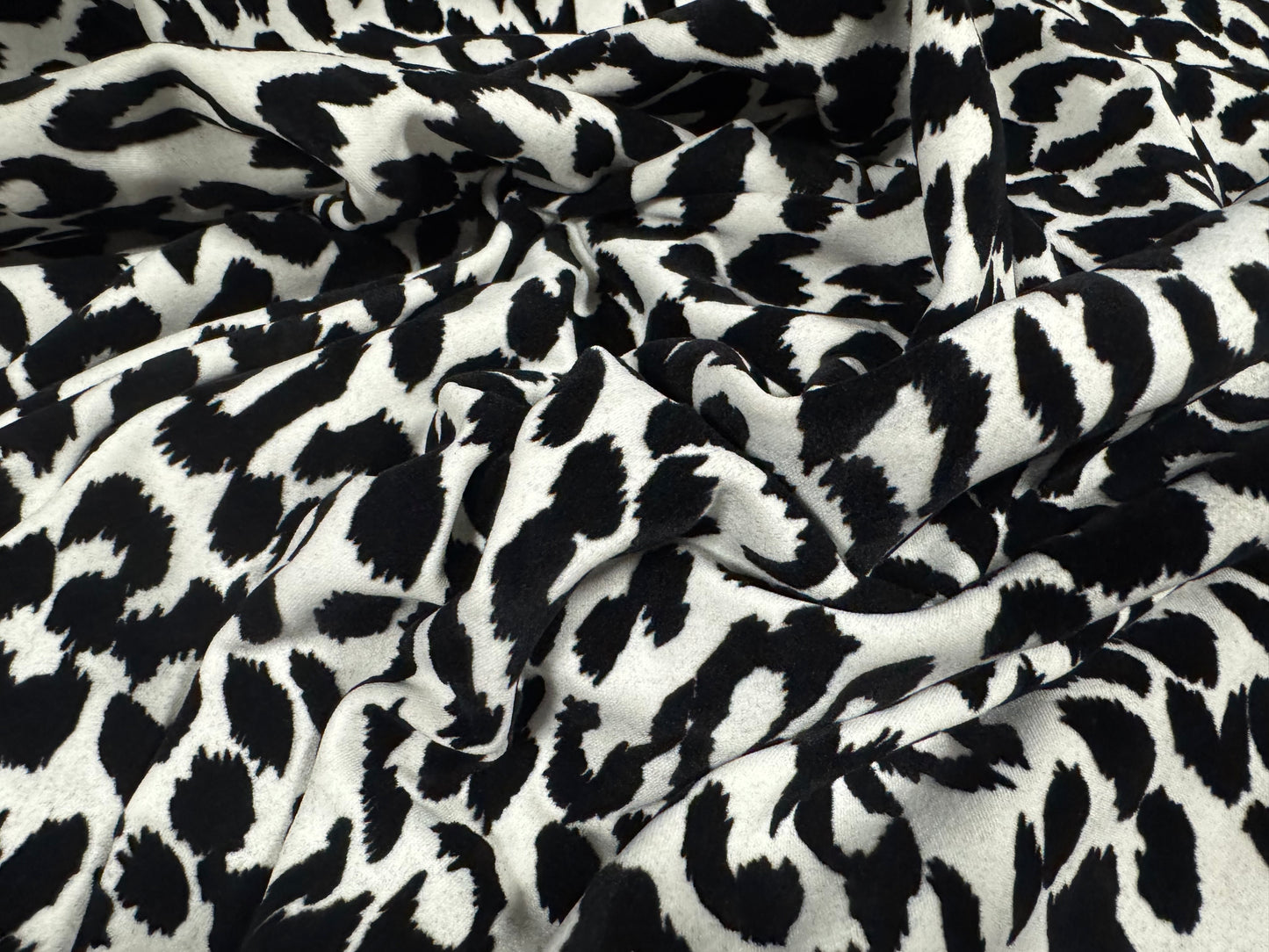 Stretch spandex double jersey fabric, per metre - flocked cheetah print - white & black