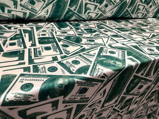 Stretch spandex single jersey fashion fabric, per metre - Dollar Bill print - bottle green & white