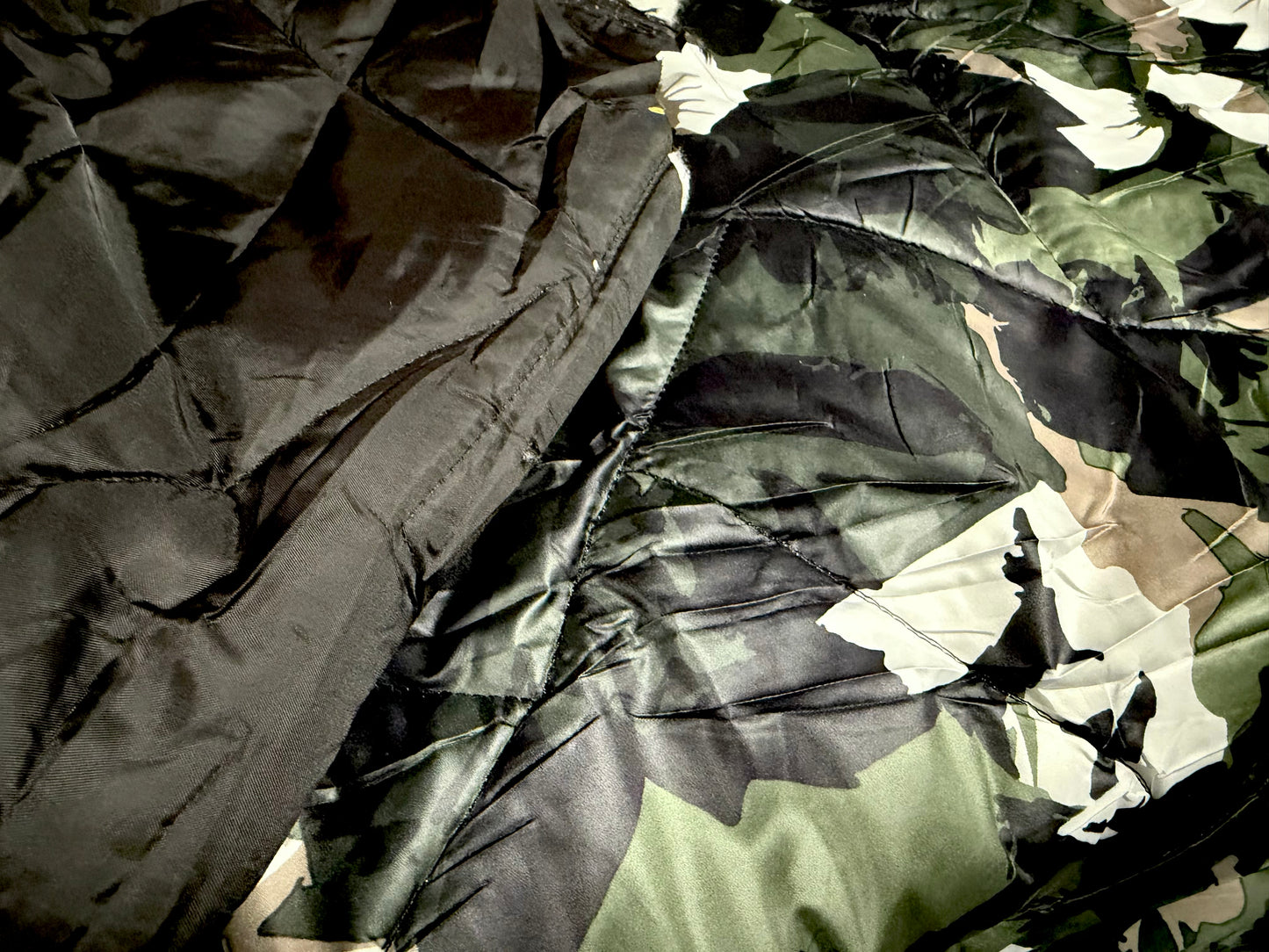 Quilted double sided fabric, per metre - stylised floral print - khaki beige & black