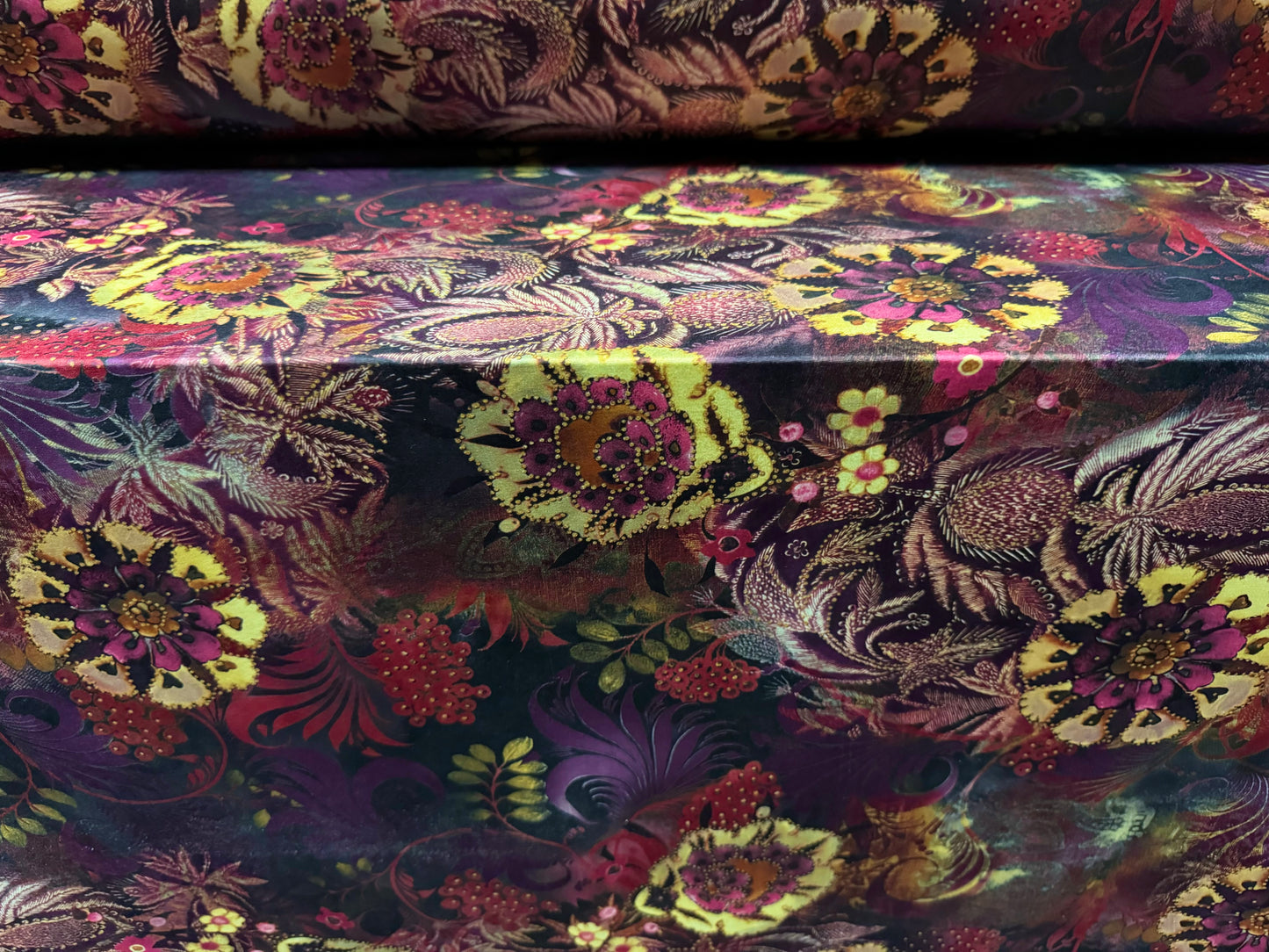 Soft touch stretch spandex single jersey fabric, per metre - stylised flowers - deep purple