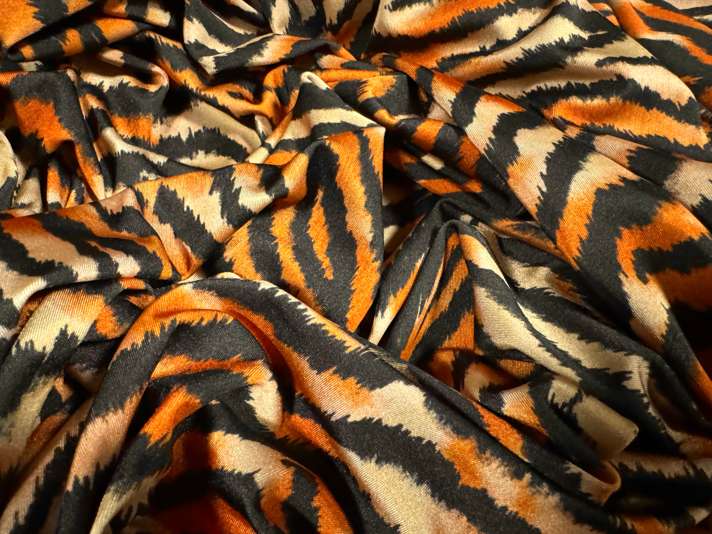 Swimwear stretch spandex jersey fabric, per metre - tiger animal print - orange & black