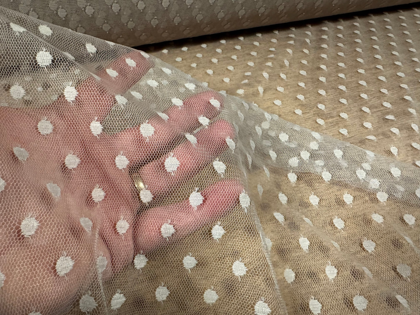 Fine lightweight mesh net fabric, per metre - dobby spot - stone