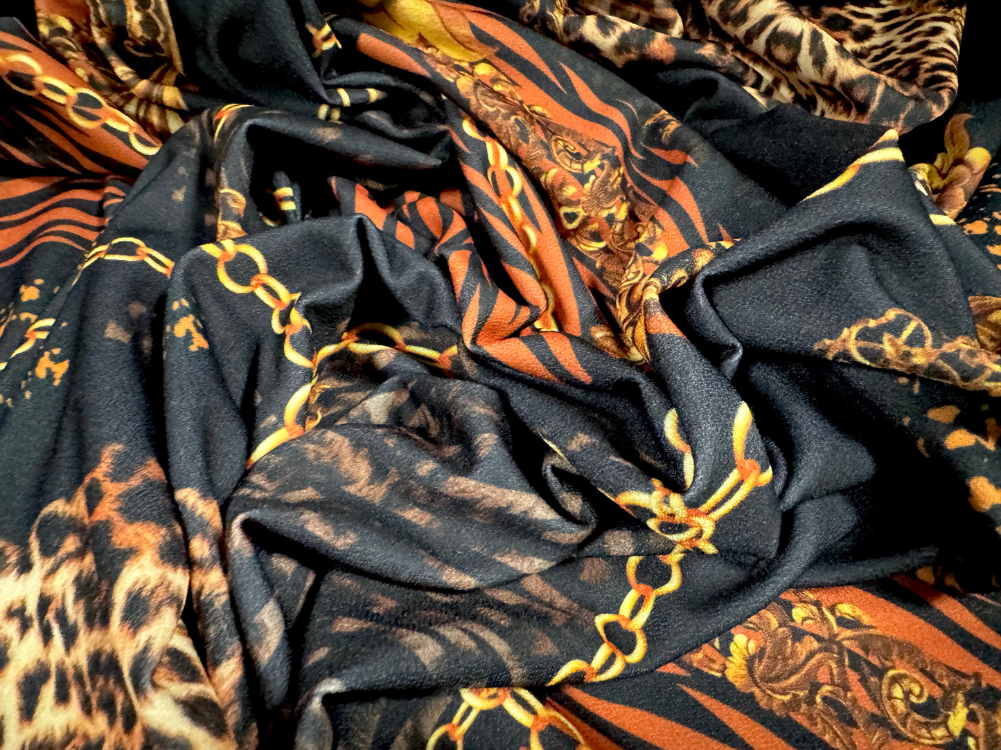 Scuba crepe fabric stretch spandex jersey, per metre - Designer tiger leopard and chains print - black & gold