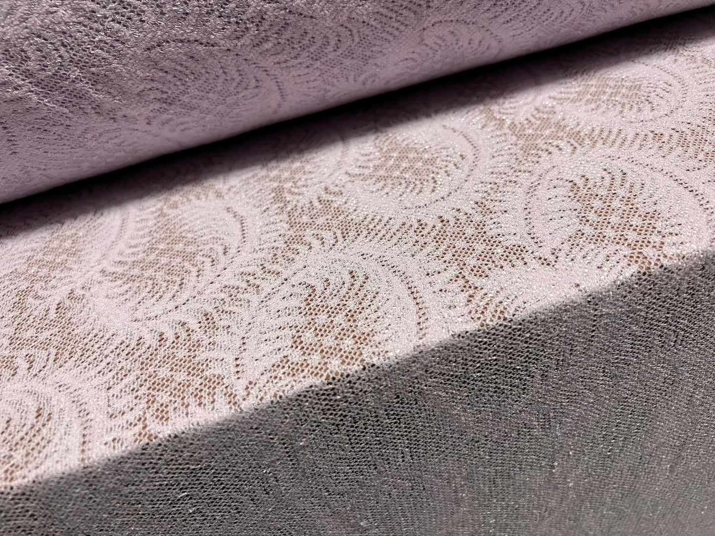 Stretch spandex lace dress fabric, per metre  - abstract swirl pattern - pale lilac