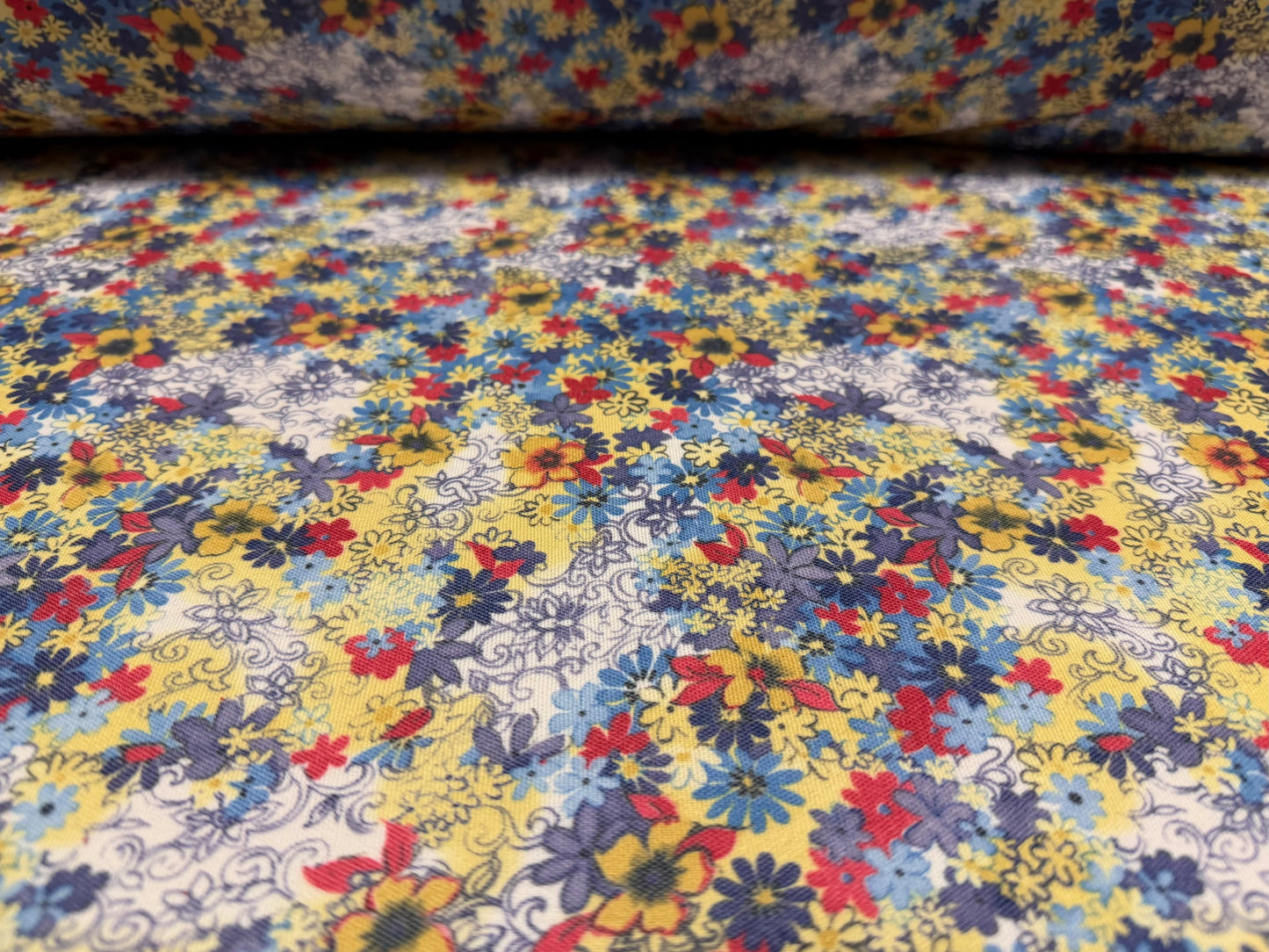 Toledo double jersey fabric, per metre - floral print - blue mustard & red