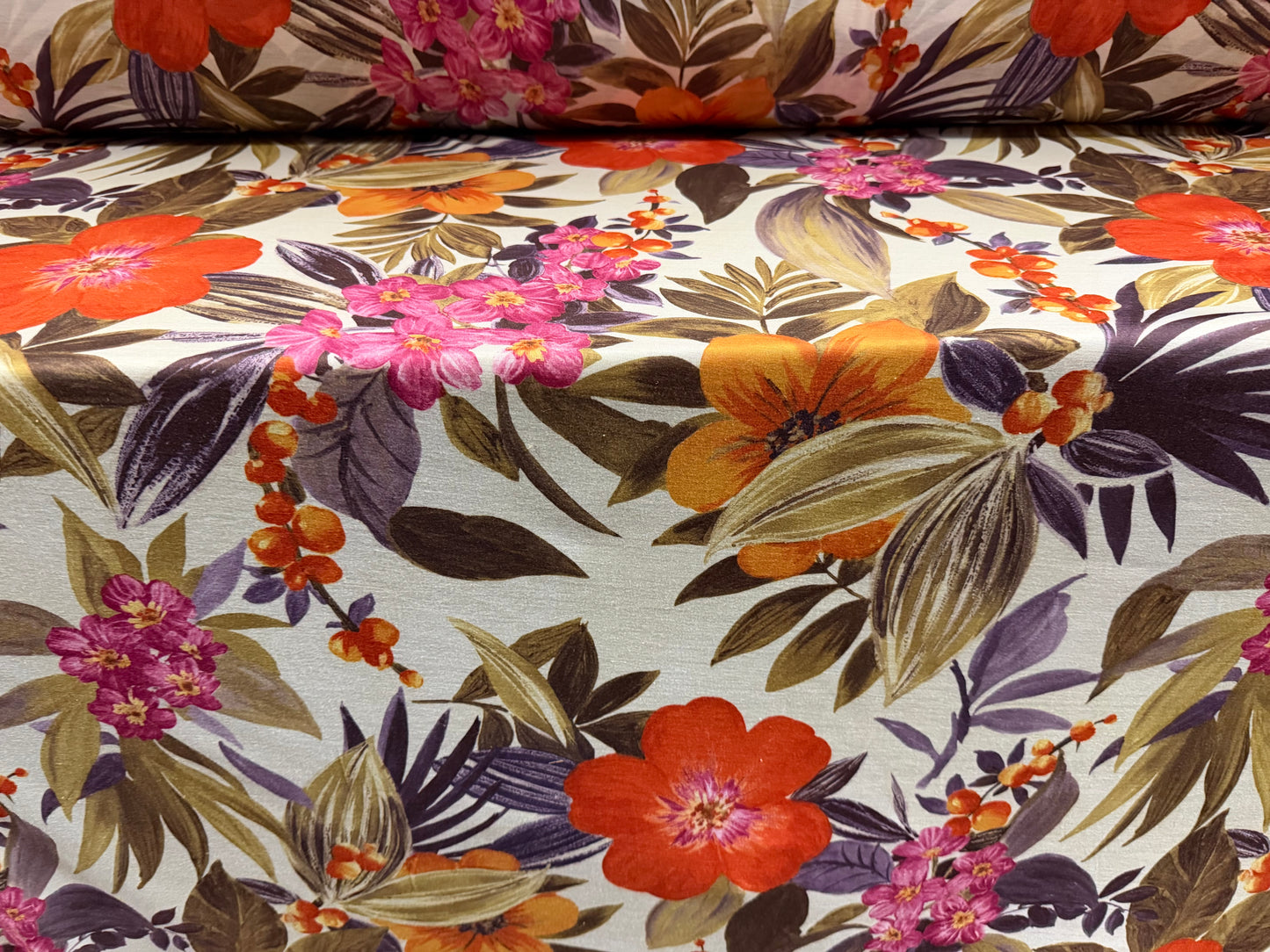 Soft handle single jersey fabric, per metre - jungle flowers print - multicolour