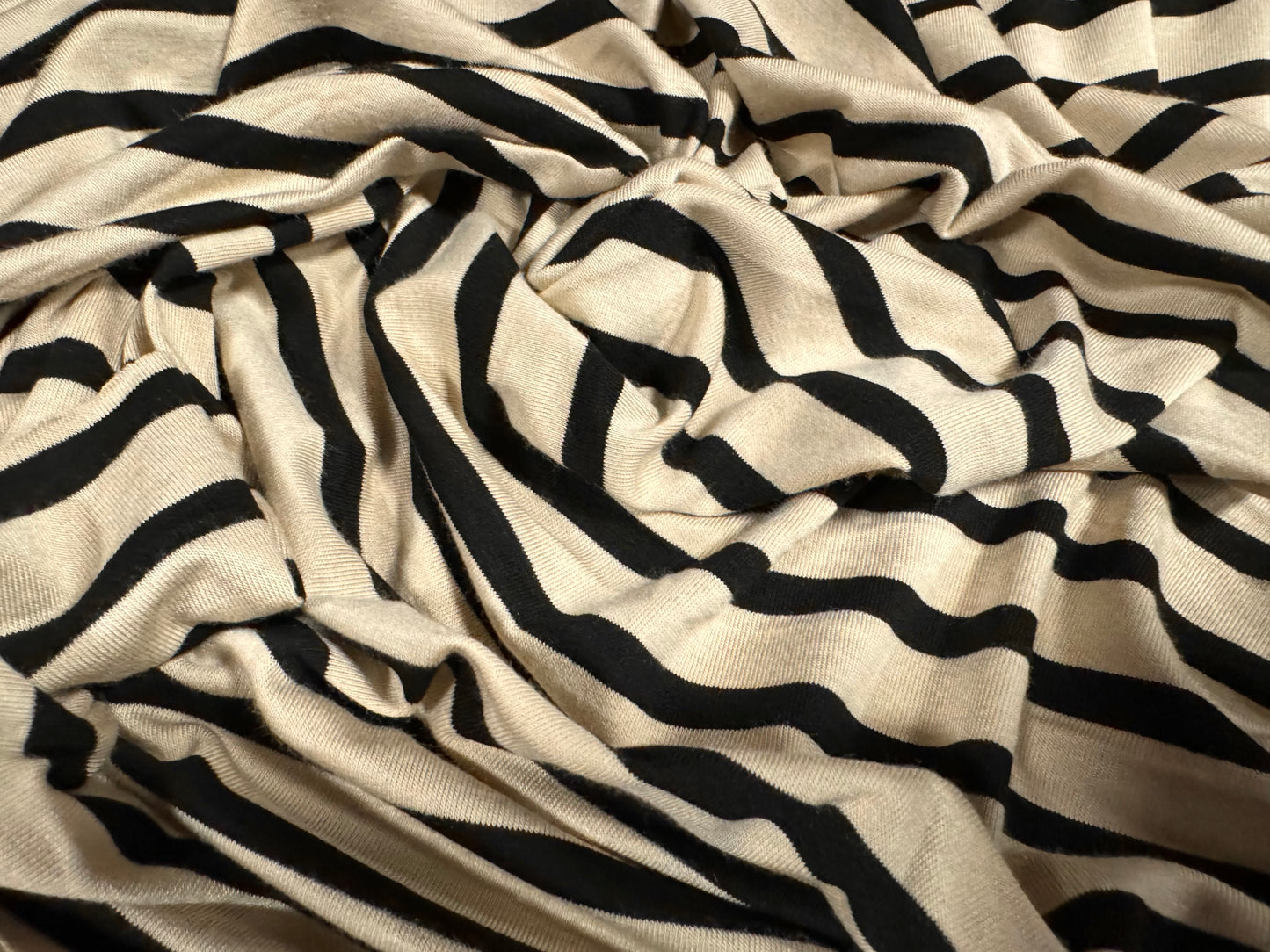 Viscose spandex stretch single jersey fabric, per metre - stripe - cream & black