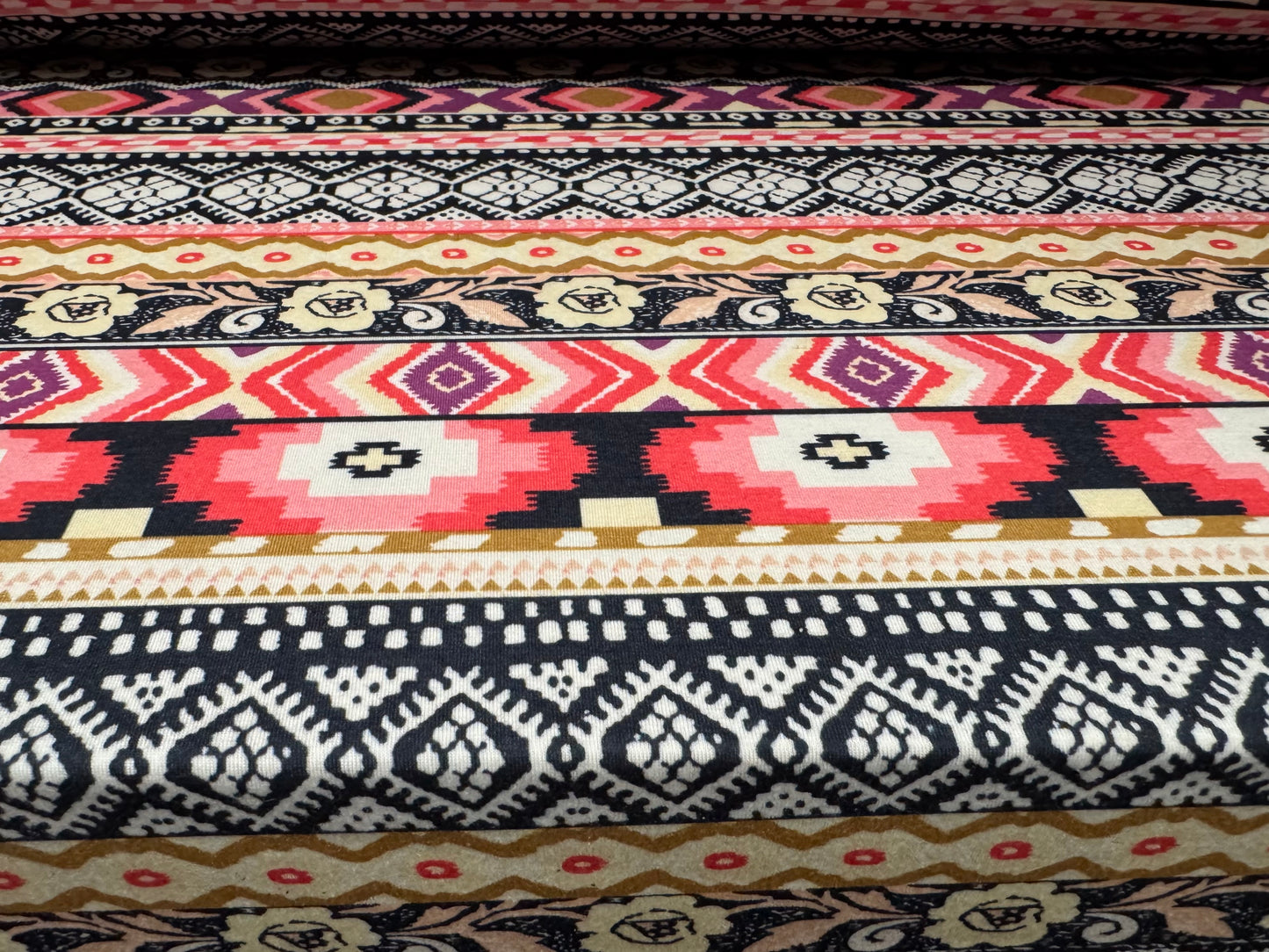 Stretch spandex interlock jersey fabric, per metre - Gaucho stripe print - black cream & pink
