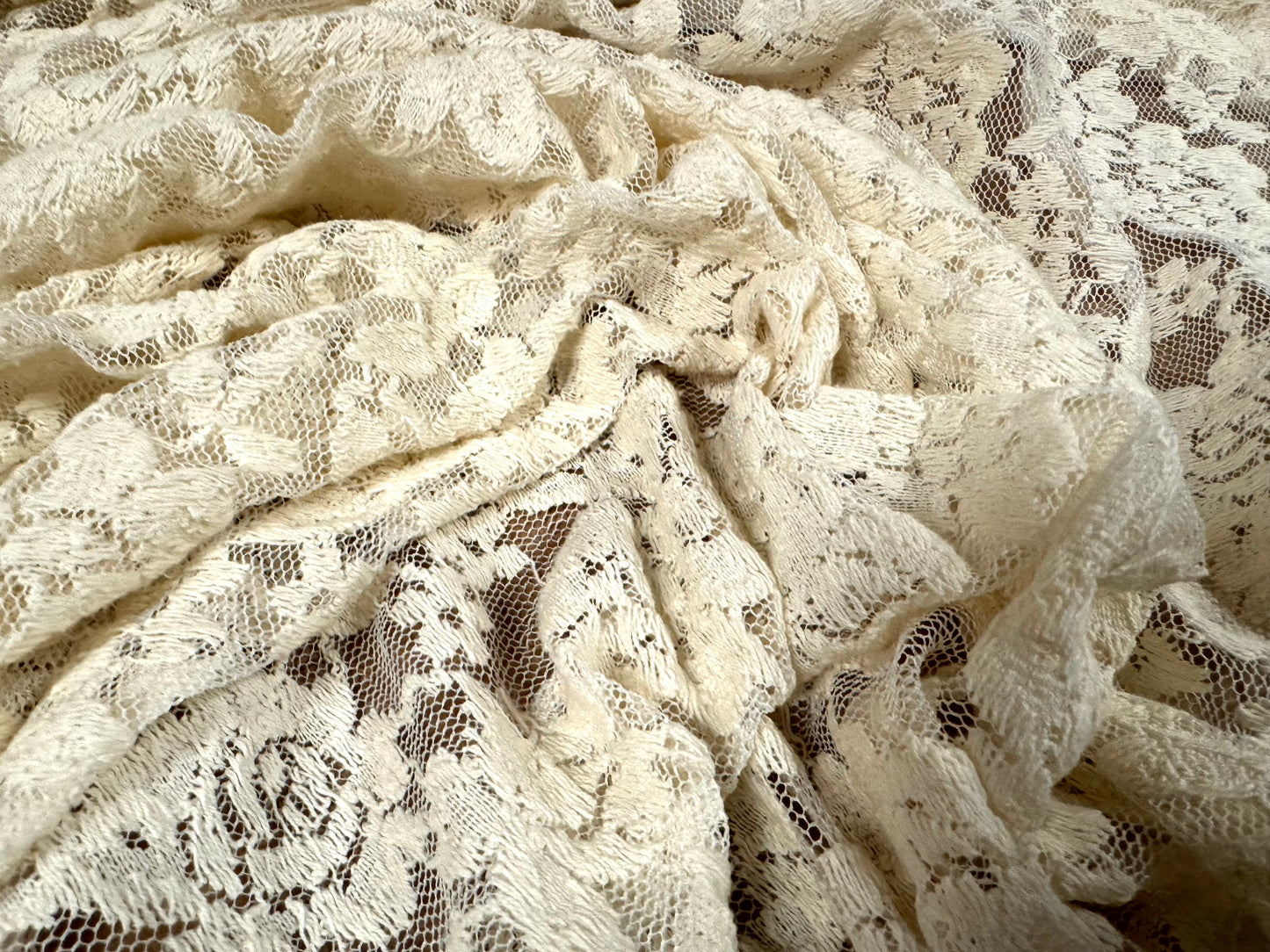 Stretch cotton spandex lace fabric, per metre - floral - cream