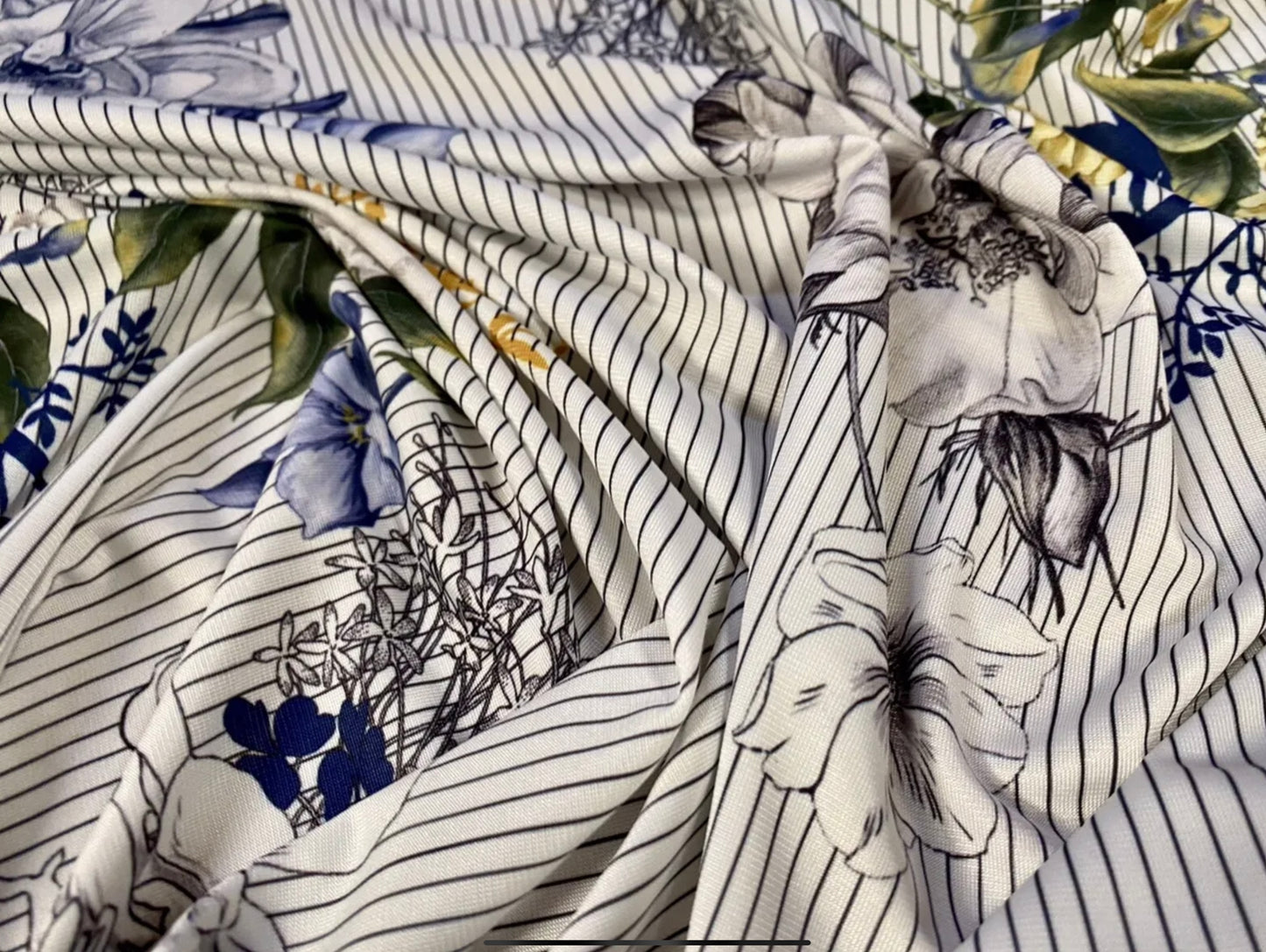 Soft touch stretch spandex single jersey fabric, per metre - pinstripe floral print