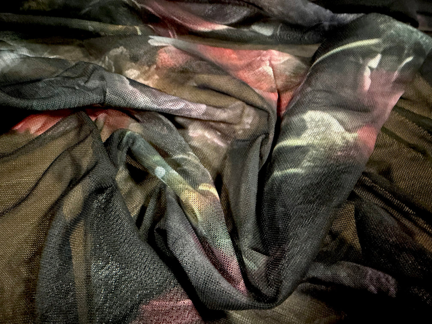 Power mesh net stretch spandex fabric, per metre - atmospheric floral print - black & pink