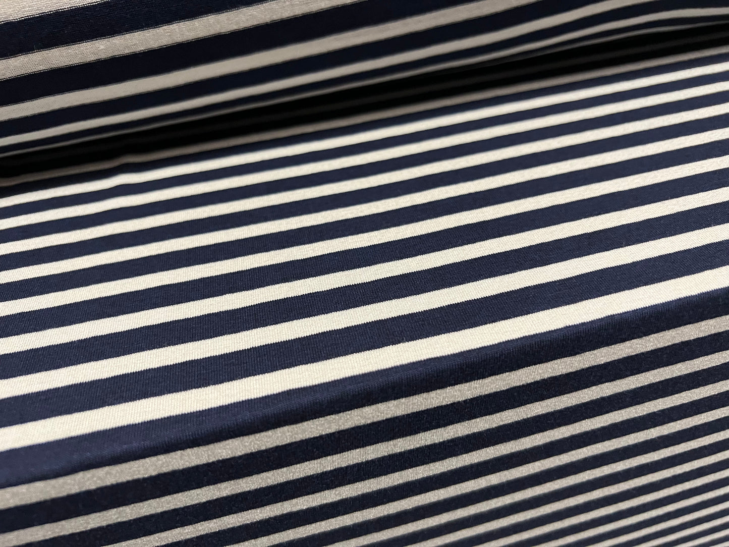 Viscose spandex stretch single jersey fabric, per metre - stripe - dark navy & ivory