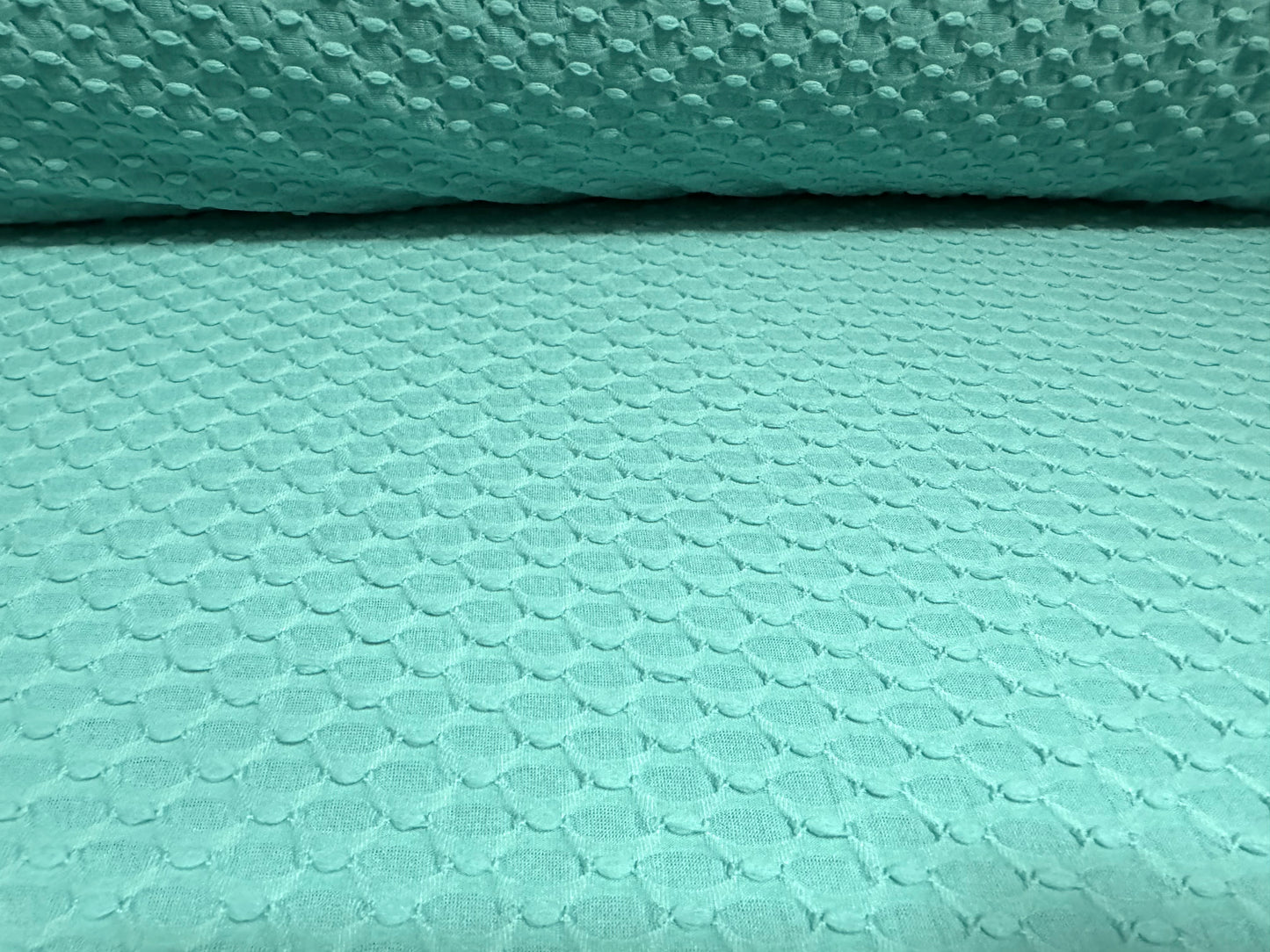 Stretch double jersey fabric, per metre - hexagon jacquard - turquoise green