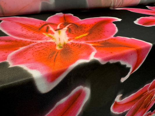 Power mesh net stretch spandex fabric, per metre - stargazer lily print - black & cerise pink