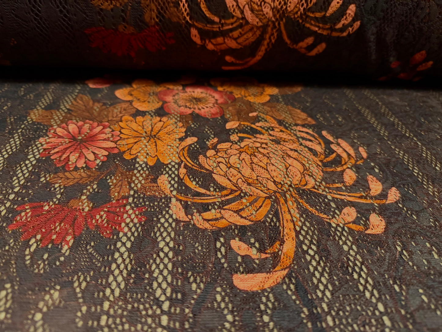 Soft handle crochet lace knit fabric, per metre - Asian Chrysanthemum print - ebony & peach