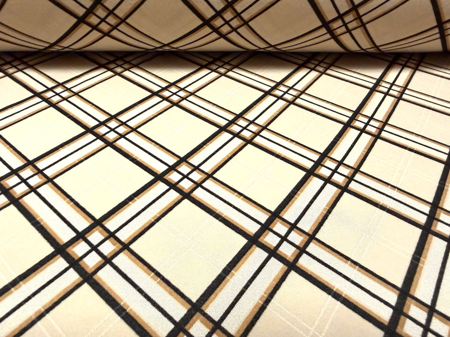 Stretch spandex crepe single jersey fabric, per metre - Argyle check print - cream