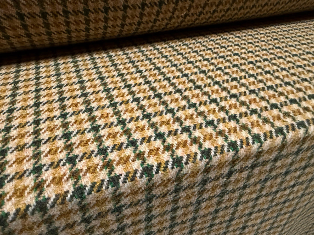 Wool flannel fabric, per metre - houndstooth check - beige brown & emerald