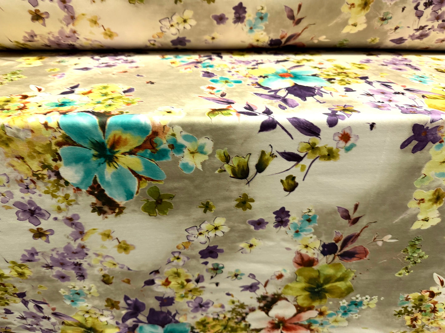 Scuba stretch spandex double jersey dress fabric, per metre - floral print - sage cream & turquoise