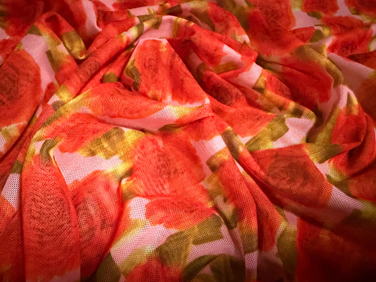 Power mesh net stretch spandex fabric, per metre - rose print - red & pink
