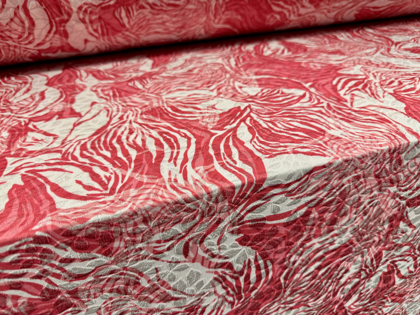 Stretch spandex jersey jacquard fabric, per metre - stylised floral print - pink & ivory