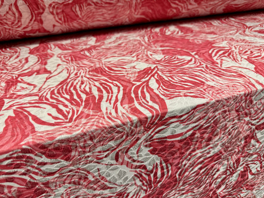 Stretch spandex jersey jacquard fabric, per metre - stylised floral print - pink & ivory