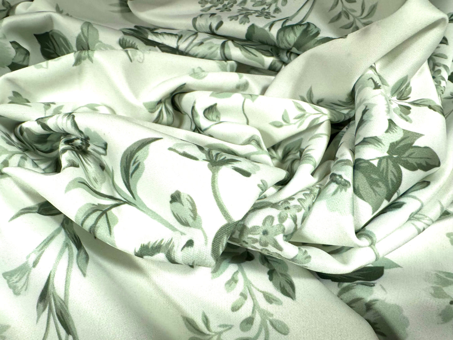 Scuba crepe stretch spandex double jersey dress fabric, per metre - Toile De Jouy print - sage green & white