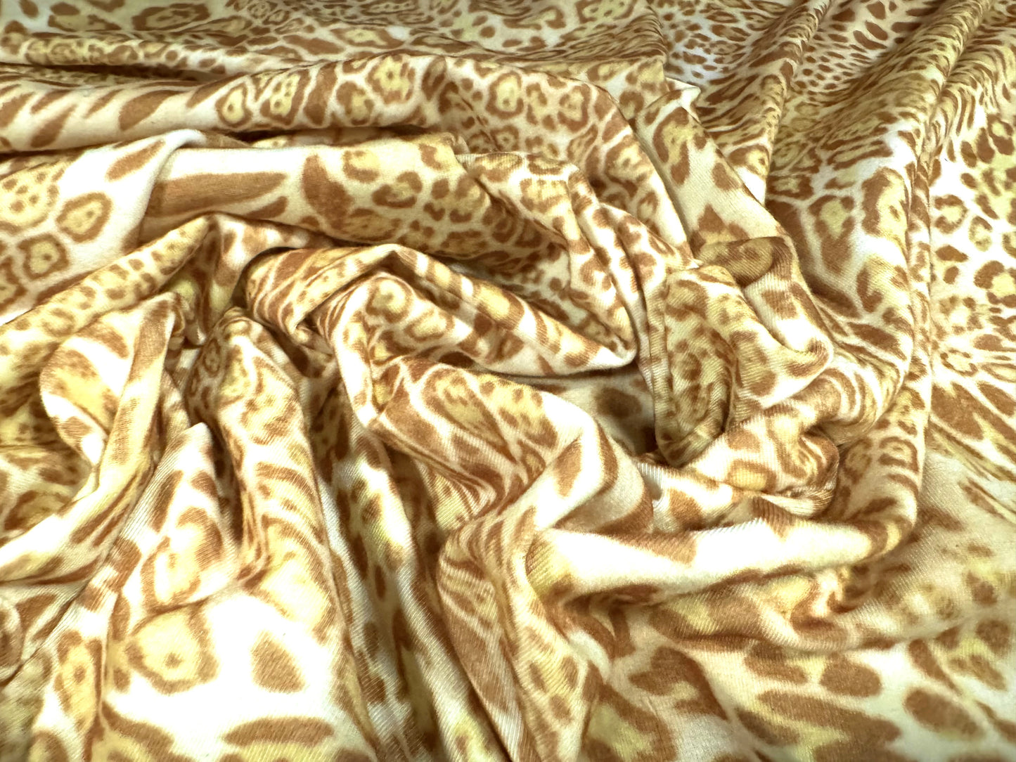 Stretch spandex interlock jersey fabric, per metre - stylised leopard animal print - gold & cream