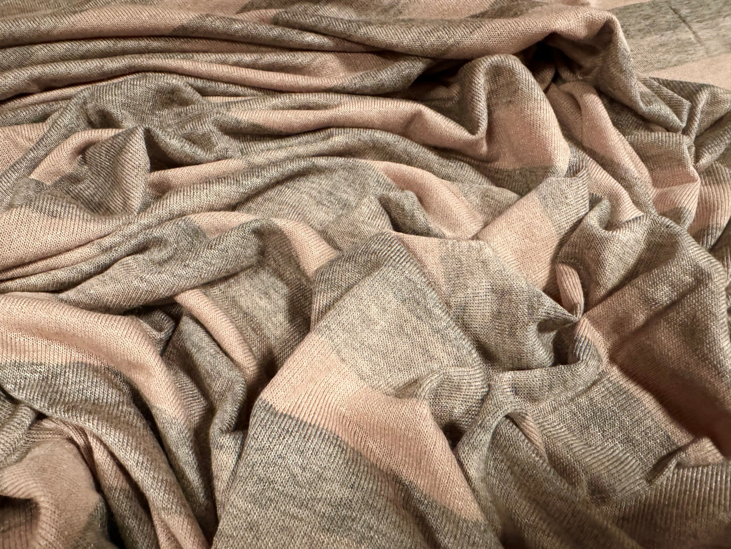 Viscose spandex stretch single jersey fabric, per metre - stripe - grey marl & dusky pink