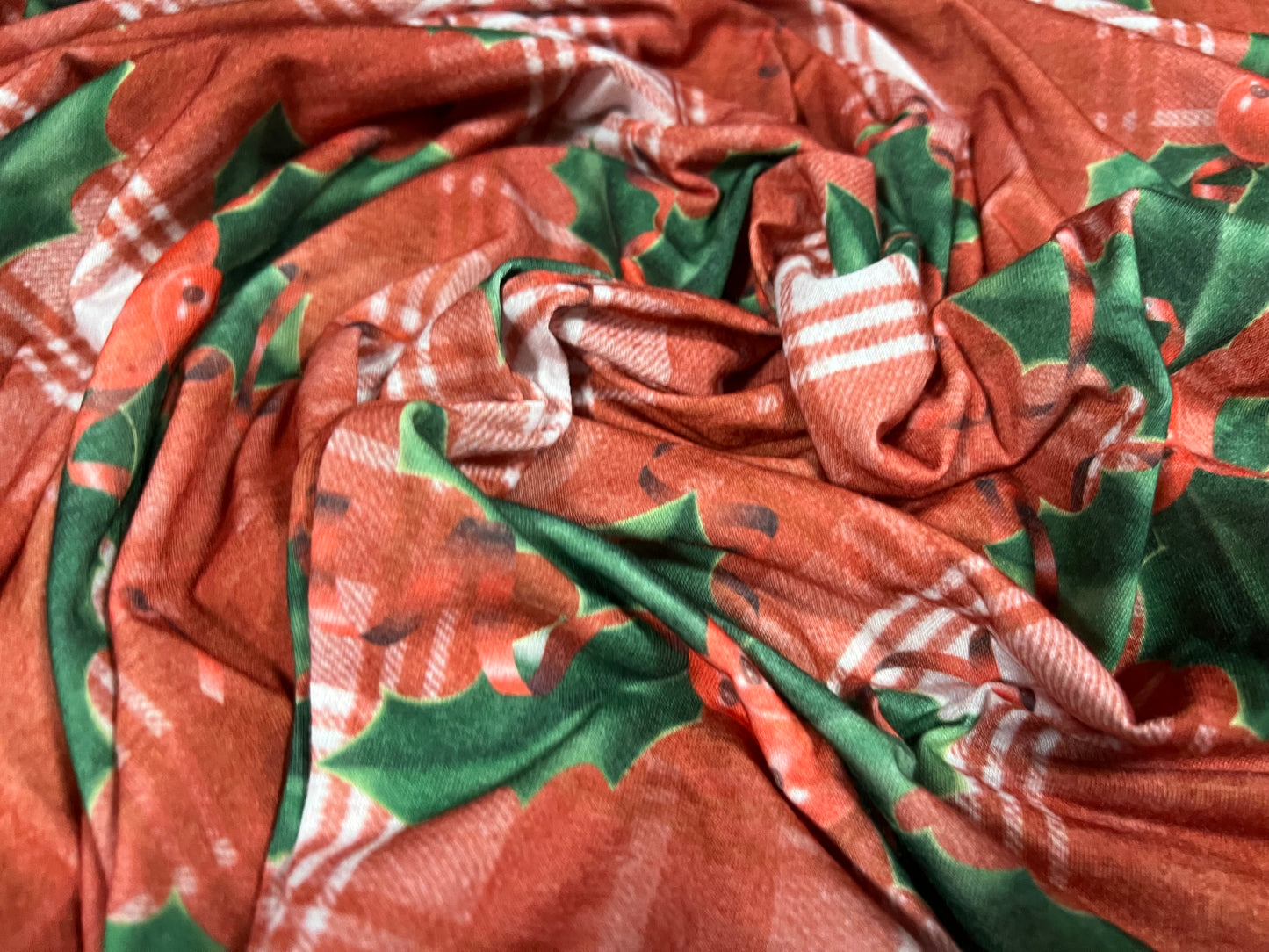 Stretch soft handle jersey fabric, per metre - holly and tartan Christmas print - red & green