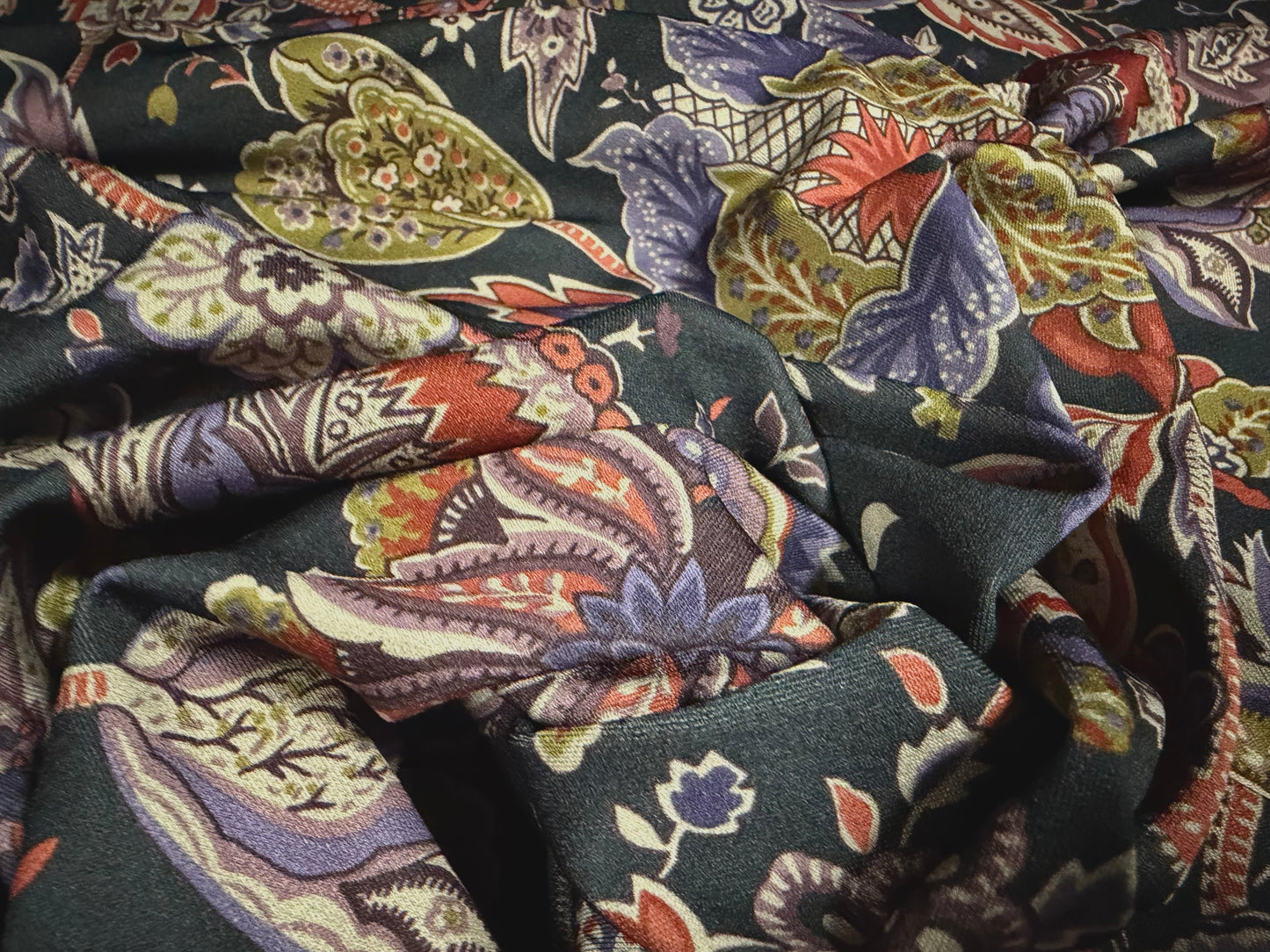 Stretch spandex crepe jersey fabric, per metre - botanical print - black rust & violet