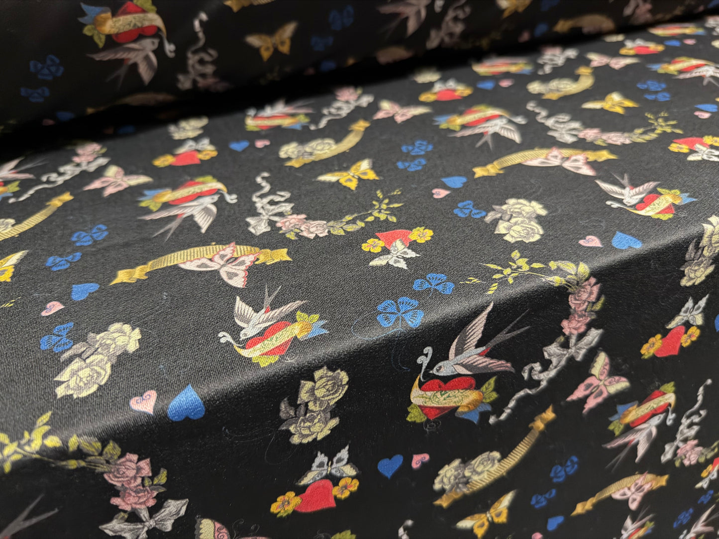 Stretch spandex crepe jersey fabric, per metre - tattoo print - birds and love hearts