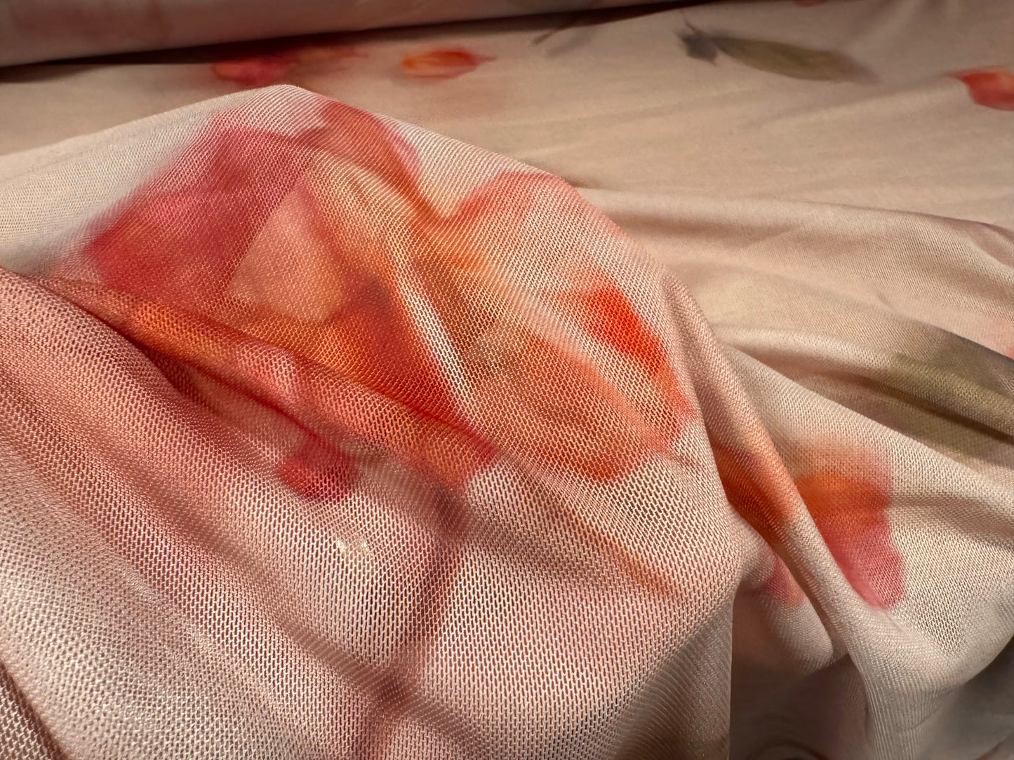 Power mesh net stretch spandex fabric, per metre - soft focus rose print - dusky pink