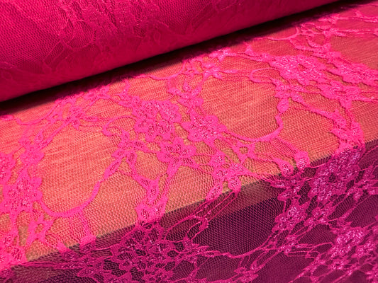 Stretch spandex mesh lace net fabric, per metre - floral pattern - shocking pink