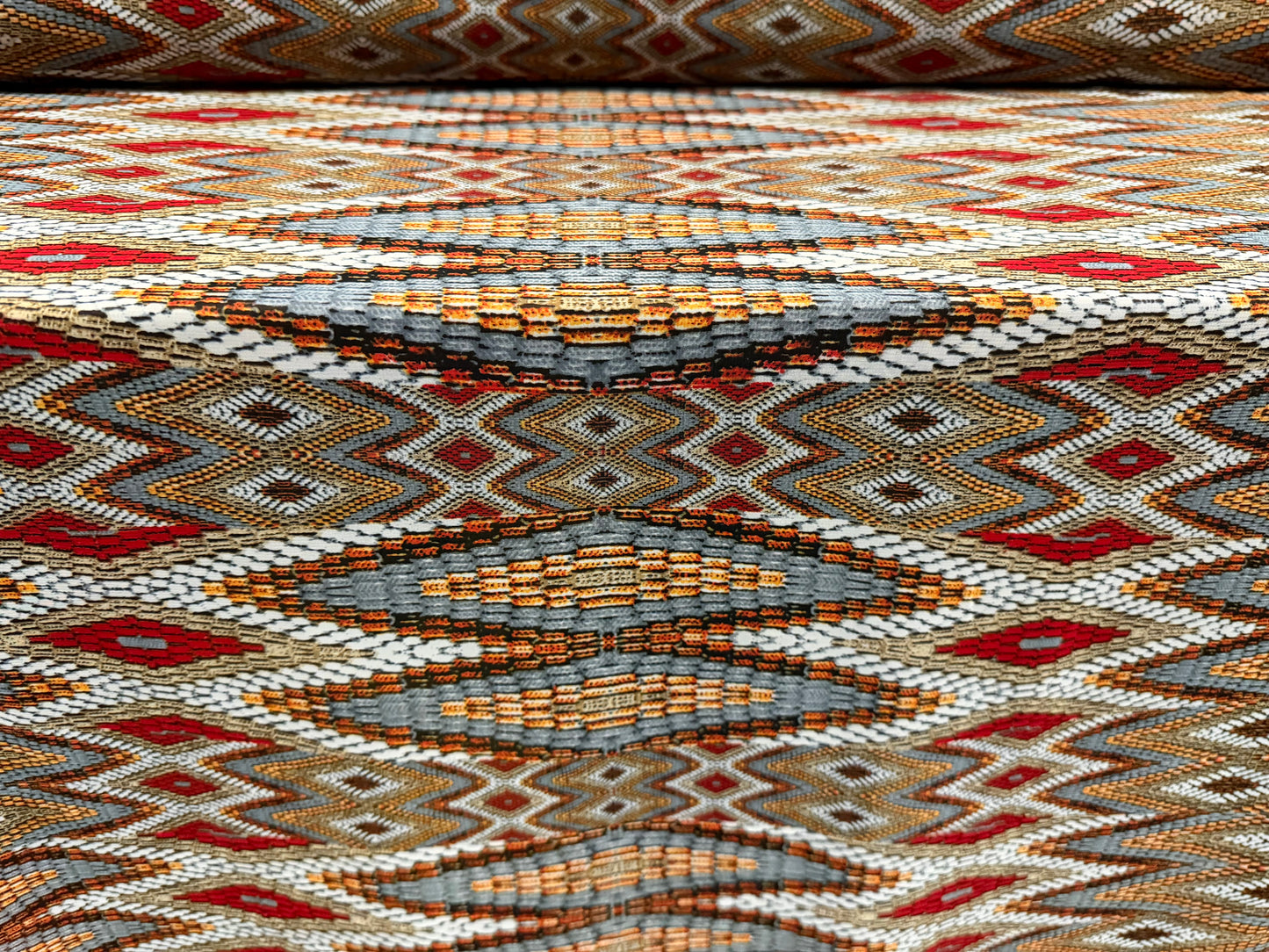 Chiffon woven dress blouse fabric, per metre - Ikat print - burnt orange & grey