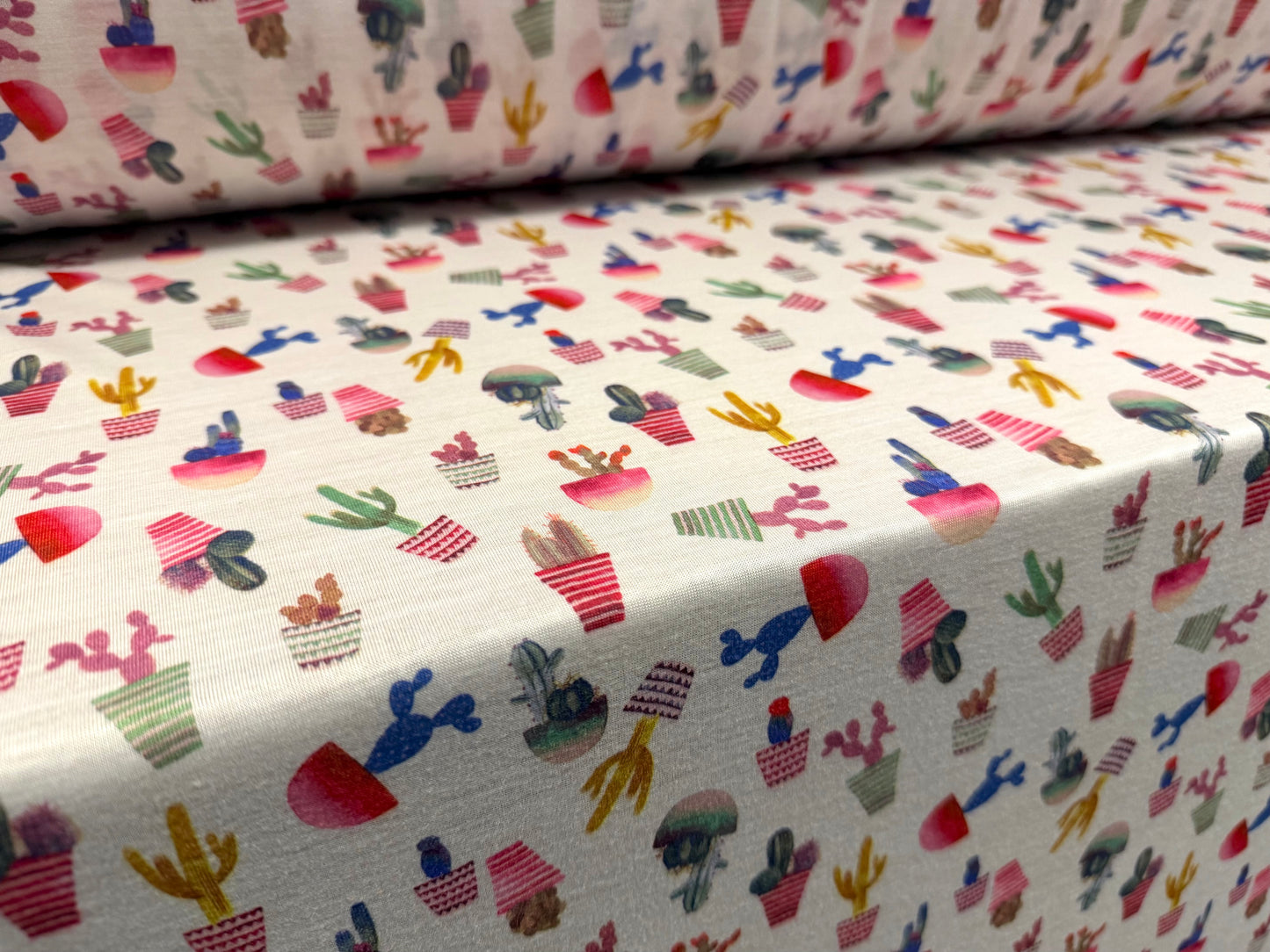 Soft handle single jersey fabric, per metre - Cactus print - multicolour
