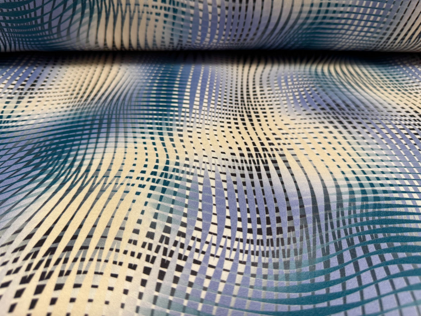 Soft handle stretch single jersey fashion fabric, per metre - psychedelic print - blue & cream