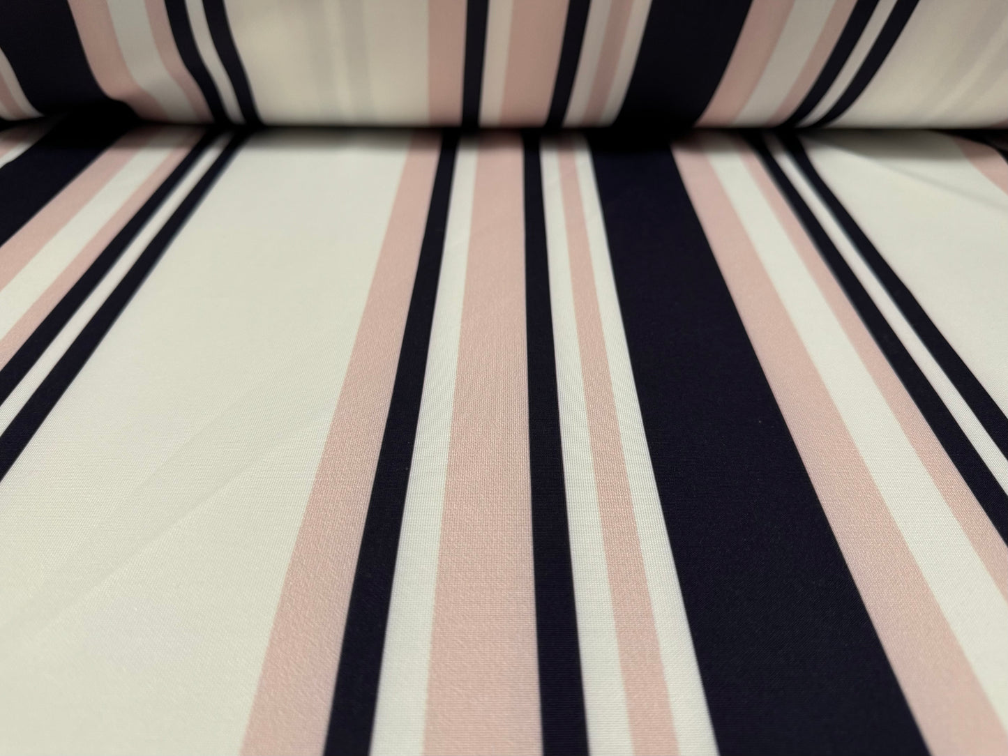 Scuba stretch spandex double jersey fashion fabric, per metre - Baiadera stripe print - pink navy & white