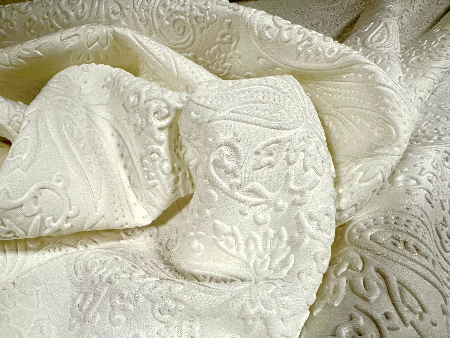 Embossed scuba stretch spandex double jersey fabric, per metre - paisley - ivory