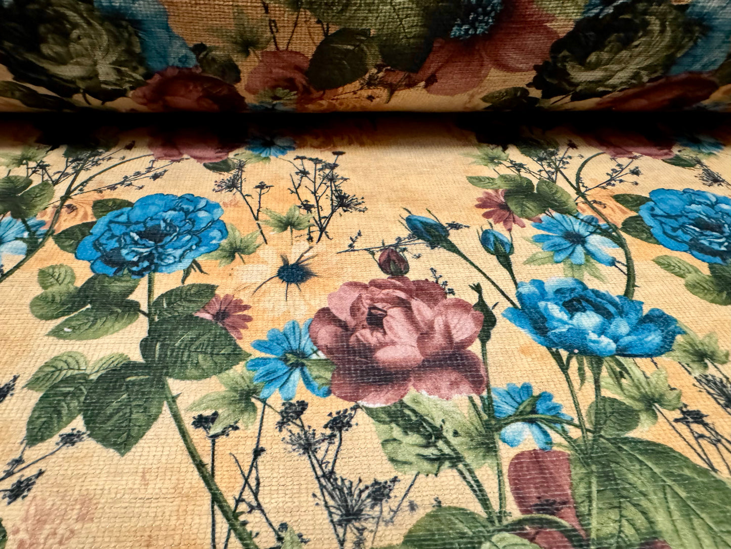 Chenille upholstery fabric, per metre - wild rose print - old gold