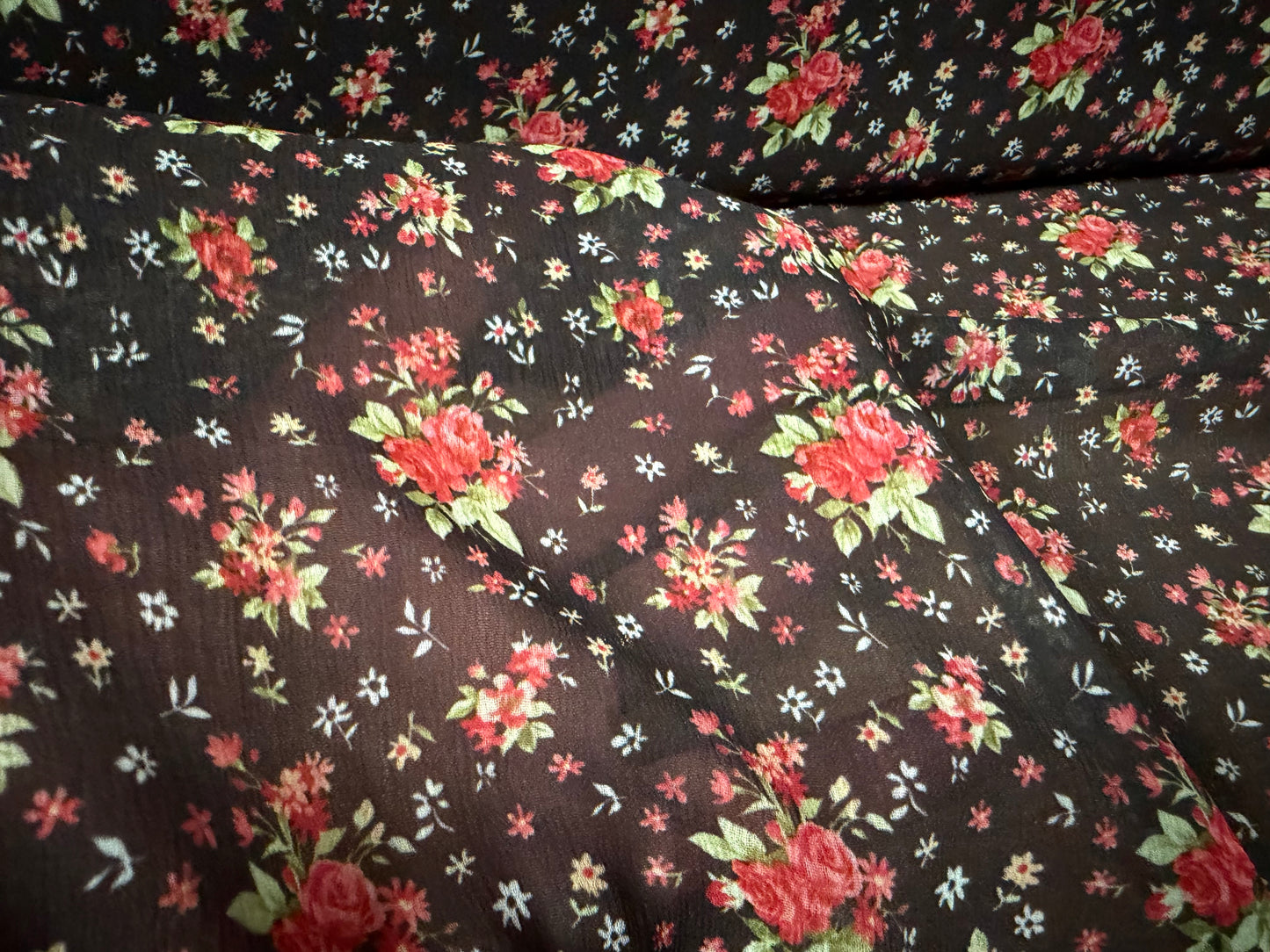 Chiffon yoryu lightweight dress fabric, per metre - ditsy floral print - black red & green