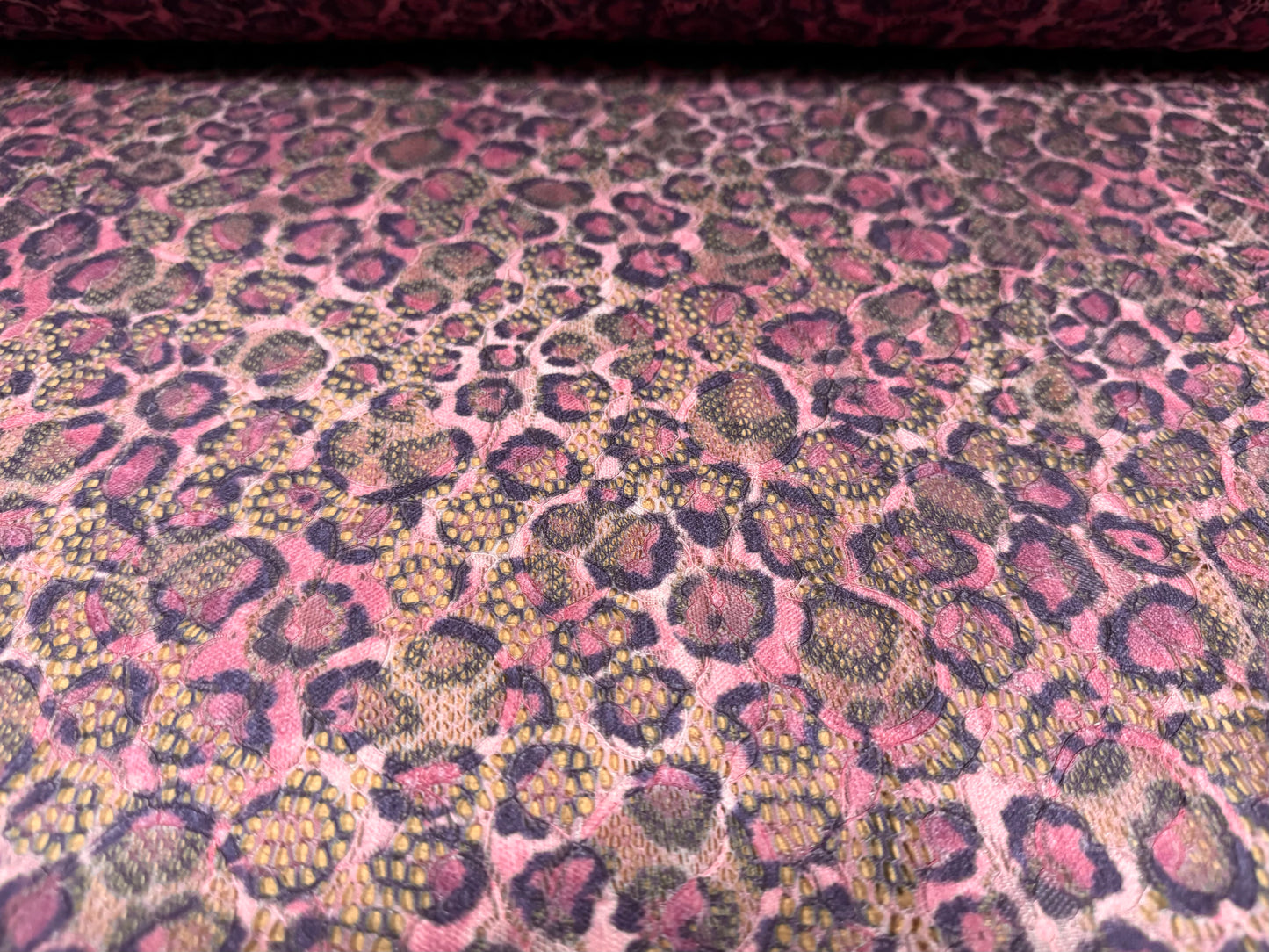 Stretch lace dress fabric with scalloped selvedge, per metre - cheetah animal print - fuchsia pink