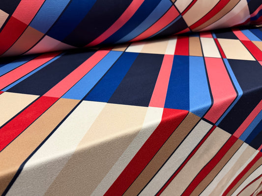 Scuba crepe stretch spandex double jersey fabric, per metre - bias colour block print - blue pink & beige