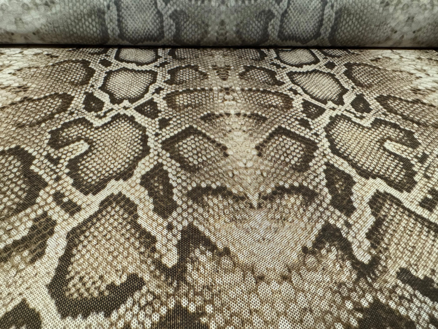 Power mesh net stretch spandex fabric, per metre - rattlesnake print - olive brown