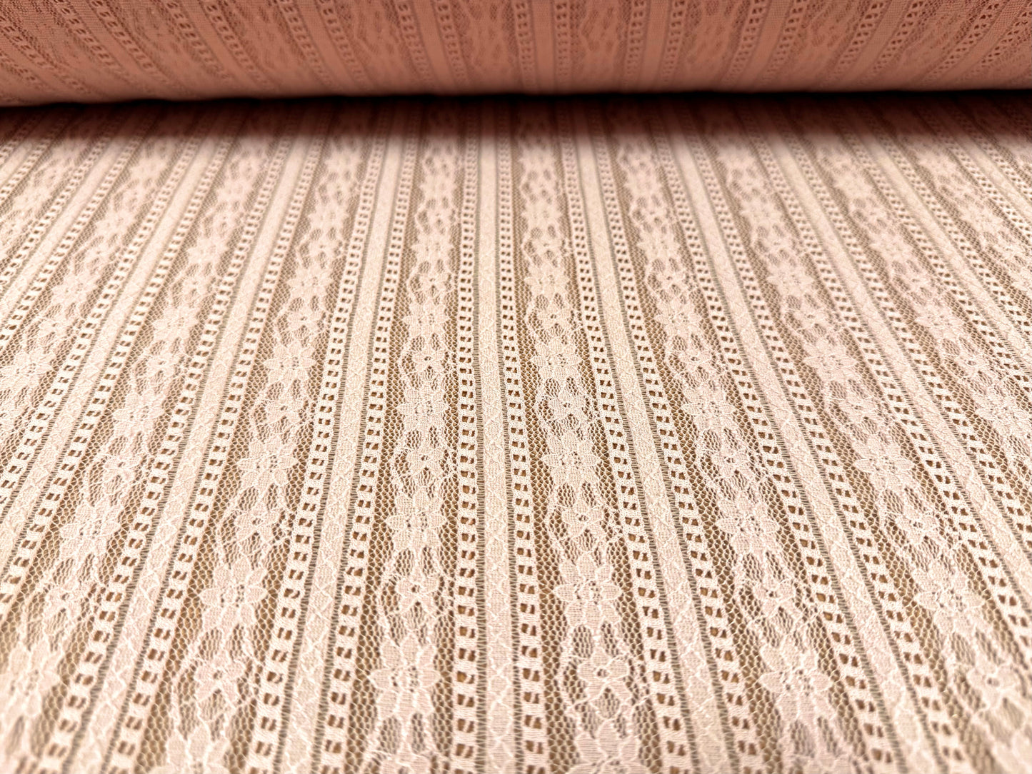 Stretch spandex lace fabric, per metre - pointelle stripe - light pink